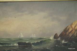 Antique marine painting signed D.H.F. 1886 American  