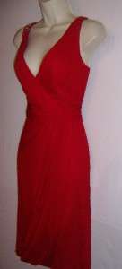 MELINDA ENG Red Silk Chiffon V neck Sleeveless Beaded Cocktail Dress 8 