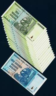 10 TRILLION ZIMBABWE DOLLARS x 15 BANK NOTES + 100 TRILLION  
