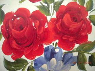 vintage TOLE PAINTED METAL SERVING TRAY red roses TIN  