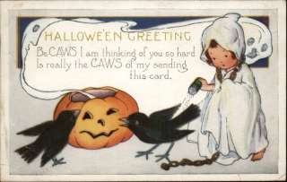 HALLOWEEN Little Girl Crows & Jack O Lantern c1910 PC  