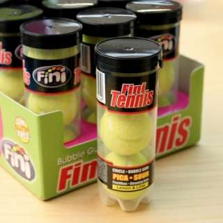 12 sealed plastic tubs of Fini Tennis Ball Bubblegum with 3 bubblegum 
