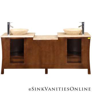   Travertine Stone Top Double Bathroom Vessel Sink Vanity Cabinet  