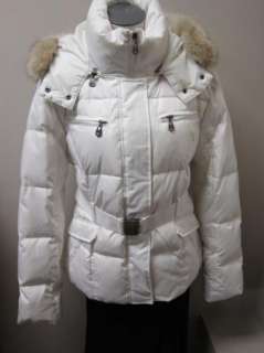 Andrew Marc Belted Down Jacket Coat with Coyote Fur Trim Hood XL White 