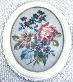 TWO French Antique PINK FLORAL/ROSES NEEDLEPOINT Wood Framed Oval 