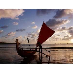  Kuta Beach, Outrigger Boat and Boatman, Sunset, Bali 