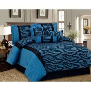 Queen 7 Piece Bedding Soft Short Fur Comforter Set Black / Navy Blue 