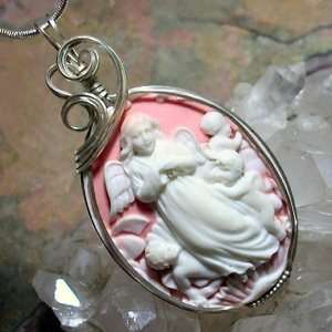 Angel & Cherubs Pink Cameo Pendant Necklace in Sterling Silver  