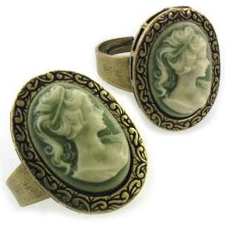 Antique Look Deep Olive Green Cameo Ring Adjustable r75  