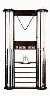 Pool, Billiards 8 Cue Deluxe Mahogany Wall Rack with Scorers  