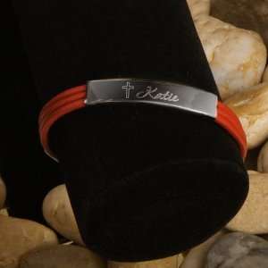  Inspirational Leather Bracelet with Engraved Cross (Red) Jewelry