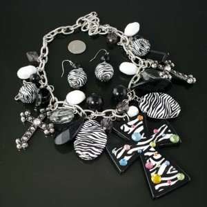   Zebra Wild Cowgirl Chunky Charm Beads Cross Necklace 