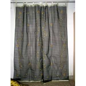  2 Organza Black Gold Floral Motif Embroidered Sheer Curtains 