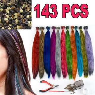 110 GRIZZLY Synthetic Feather Hair Extension extensions free kit tool 
