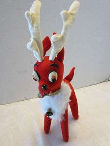 Vtg Herman Pecker Reindeer Christmas Decor Doll tag velveteen Wired 