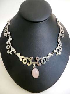 MWS (Samara) Mexico Designer Silver Necklace w/Rose Quartz Pendant