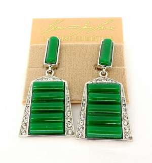 Kenneth Jay Lane Silver & Faux Jade Green Art Deco Style Earrings