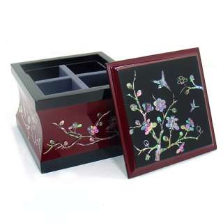   Pearl Decorative Wooden Flower Red Black Lid Jewelry Trinket Box Chest
