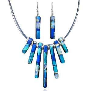   Silver Dichroic Glass Blue Bar Necklace and Earrings Set, 18 Jewelry
