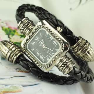 Cable Leather Braided Wrap Black Ladies Bracelet Watch  
