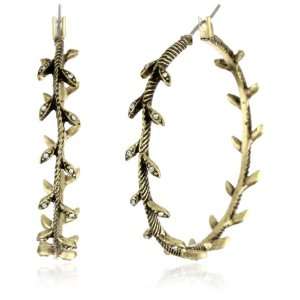 Lucky Brand Metal Gold Tone Pave Leaf Hoop Earrings