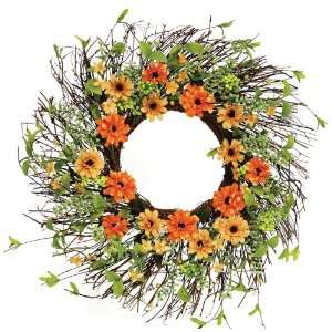 Melrose Twig Wreath with Orange and Yellow Zinnia, 24 Inch  