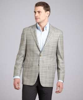 Hickey Freeman tan black houndstooth plaid wool Milburntwo button 