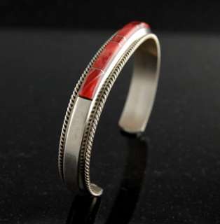   Red Spiny Oyster Shell Inlay Bracelet Navajo Sterling Silver  