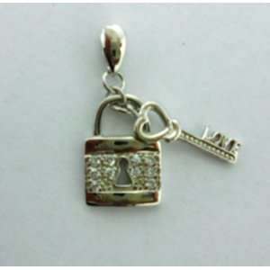   Sterling Silver CZ Encrusted Lock with Heart Love Key Pendant Jewelry