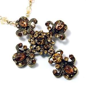  Large Goldtone Amber Crystal Cross Necklace Fashion 