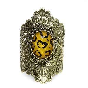 Fashion Cuff Bracelet; 4L; Burnished Gold Metal with Leopard Print 
