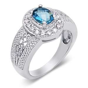   London Blue Topaz & White CZ Size 7 Gemstone Ring in Sterling Silver