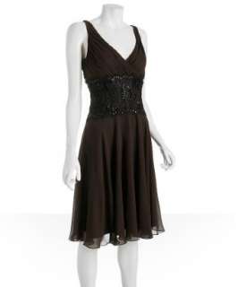 Tadashi Shoji brown chiffon black lace dance dress  BLUEFLY up to 70% 