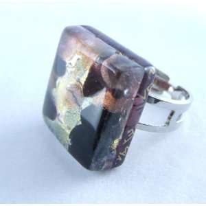   Black Gold Square Venetian Murano Glass Adjustable Ring Jewelry