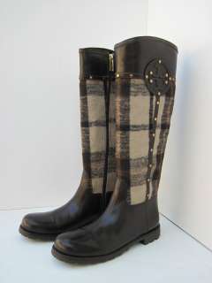 New Authentic Tory Burch Colleen Riding Boots Plaid Melton Neutral 