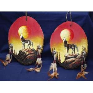  Pair Painted Log Wall Plaques  Wolf