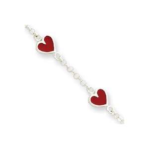  Silver Enamal Red Heart Childrens Bracelet   6 Inch   Spring Ring 