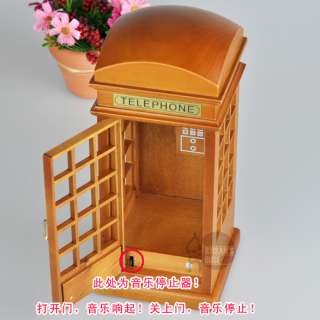 Vintage Wind Up Wooden Toy Music Box, Wood Phone Booth  