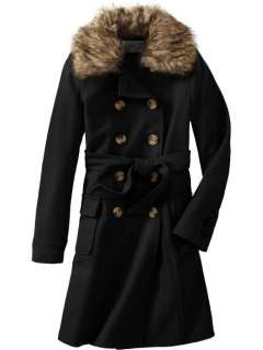   Long BLACK Fur Trim Collar WOOL Blend Trench Coat M NWT NEW FREE SHIP