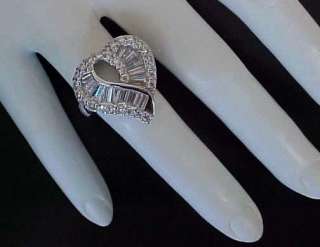   Baguettes cz Rhodium Sterling Silver HEART Cocktail Ring Sz6  