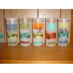   Set of 5 Vintage Frosted Glass Antique Auto Tumblers 